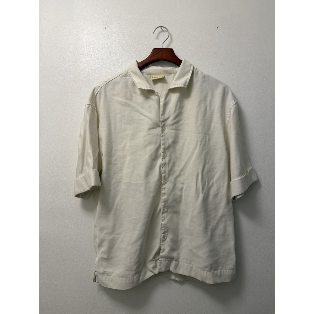Young LA Camp Collar Flowy Button Up Off White Shirt Men's Large Short Sleeve
